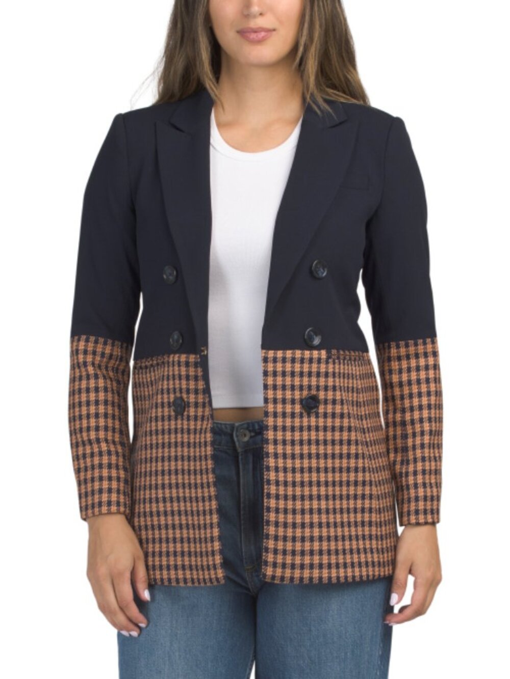 TAHARI ASL Petite Peak Lapel Collar Houndstooth Color Block Jacket